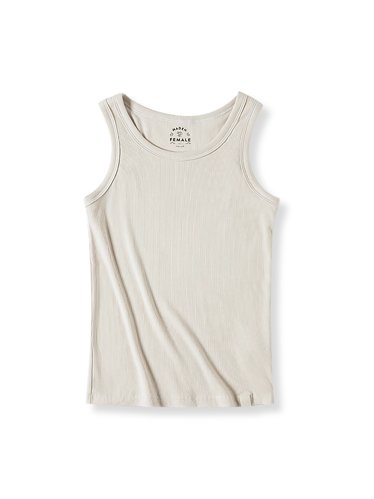 アプリコットカラーのリブフィットネスベースレイヤータイトタンクトップ正面展示。