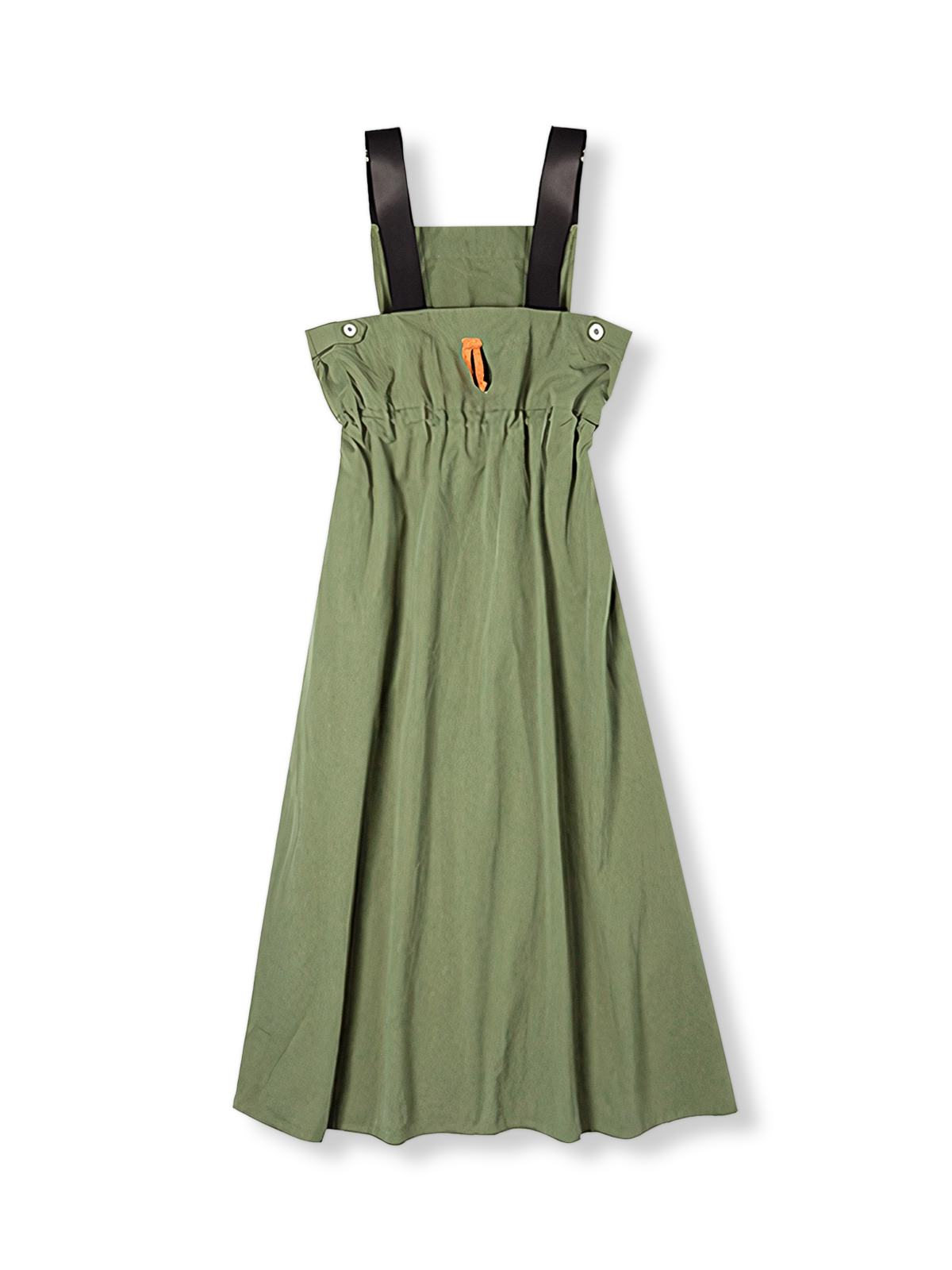 レトロなミリタリーグリーンのオーバーオールスカートを正面から展示