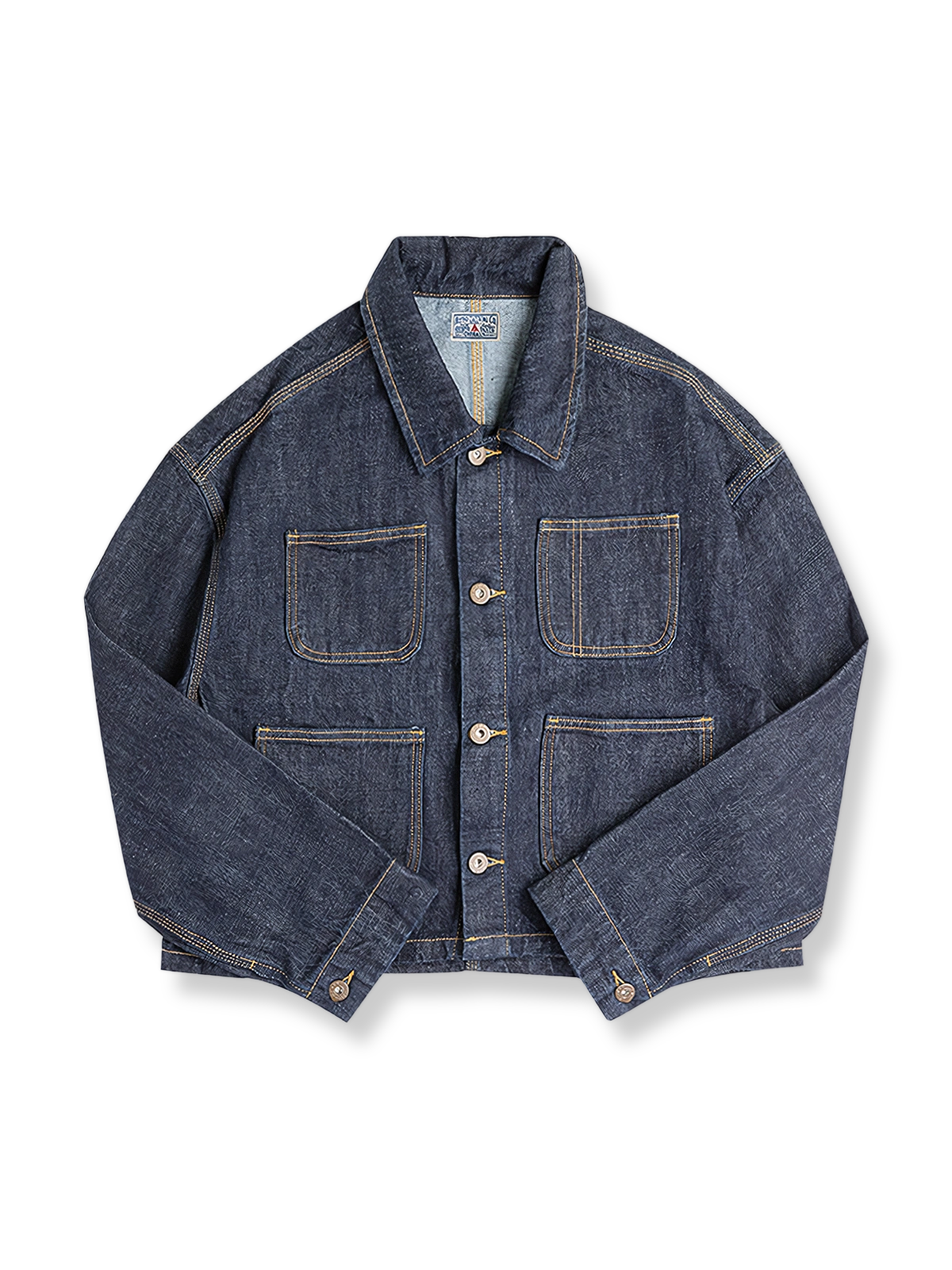 ディープブルー竹節デニムワークジャケットの正面画像。独特の粒状感と小さな折り襟が特徴で、秋冬の必需品です。