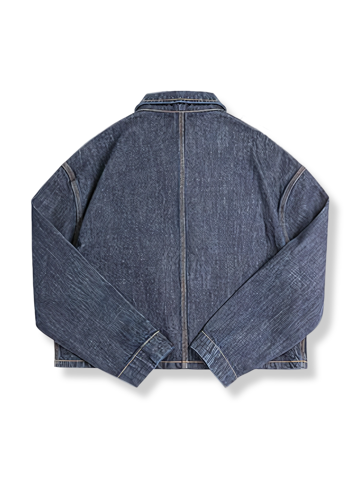 ディープブルー竹節デニムワークジャケットの正面画像。独特の粒状感と小さな折り襟が特徴で、秋冬の必需品です。