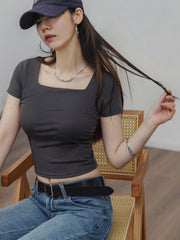 スクエアネック シャーリング スリムフィット 半袖Tシャツ