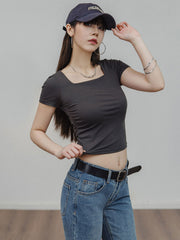 スクエアネック シャーリング スリムフィット 半袖Tシャツ