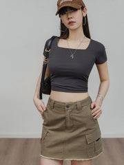 スクエアネック シャーリング スリムフィット 半袖Tシャツ