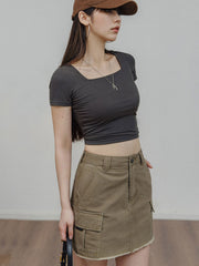 スクエアネック シャーリング スリムフィット 半袖Tシャツ