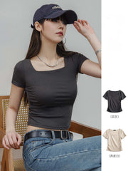 スクエアネック シャーリング スリムフィット 半袖Tシャツ