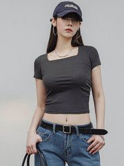 スクエアネック シャーリング スリムフィット 半袖Tシャツ