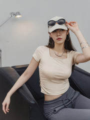 スクエアネック シャーリング スリムフィット 半袖Tシャツ