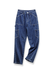 製品画像: 深いブルーのウォッシュ多ポケットワークジーンズ全貌