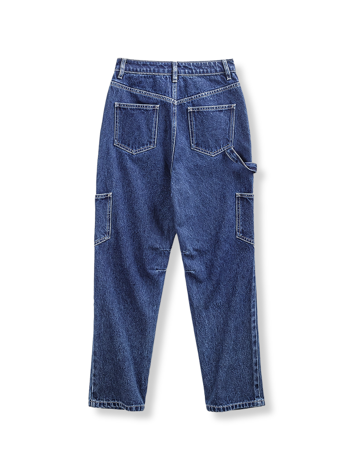製品画像: 深いブルーのウォッシュ多ポケットワークジーンズ全貌