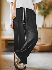 詳細画像:ワイドレッグパンツのゴムバンドと垂感素材の詳細