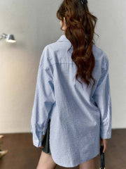 フレンチスタイル・ブルー&ホワイト ストライプ綿麻長袖シャツ