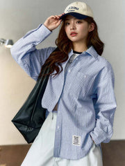 フレンチスタイル・ブルー&ホワイト ストライプ綿麻長袖シャツ