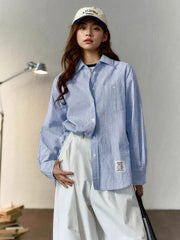 フレンチスタイル・ブルー&ホワイト ストライプ綿麻長袖シャツ