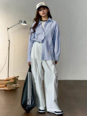 フレンチスタイル・ブルー&ホワイト ストライプ綿麻長袖シャツ