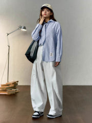 フレンチスタイル・ブルー&ホワイト ストライプ綿麻長袖シャツ