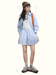 フレンチスタイル・ブルー&ホワイト ストライプ綿麻長袖シャツ