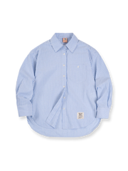 フレンチスタイル・ブルー&ホワイト ストライプ綿麻長袖シャツ