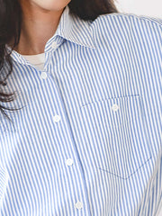 フレンチスタイル・ブルー&ホワイト ストライプ綿麻長袖シャツ