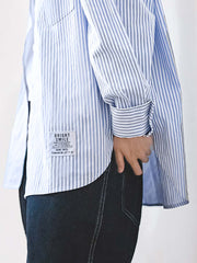 フレンチスタイル・ブルー&ホワイト ストライプ綿麻長袖シャツ