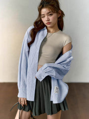 フレンチスタイル・ブルー&ホワイト ストライプ綿麻長袖シャツ