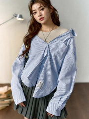 フレンチスタイル・ブルー&ホワイト ストライプ綿麻長袖シャツ