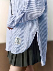 フレンチスタイル・ブルー&ホワイト ストライプ綿麻長袖シャツ