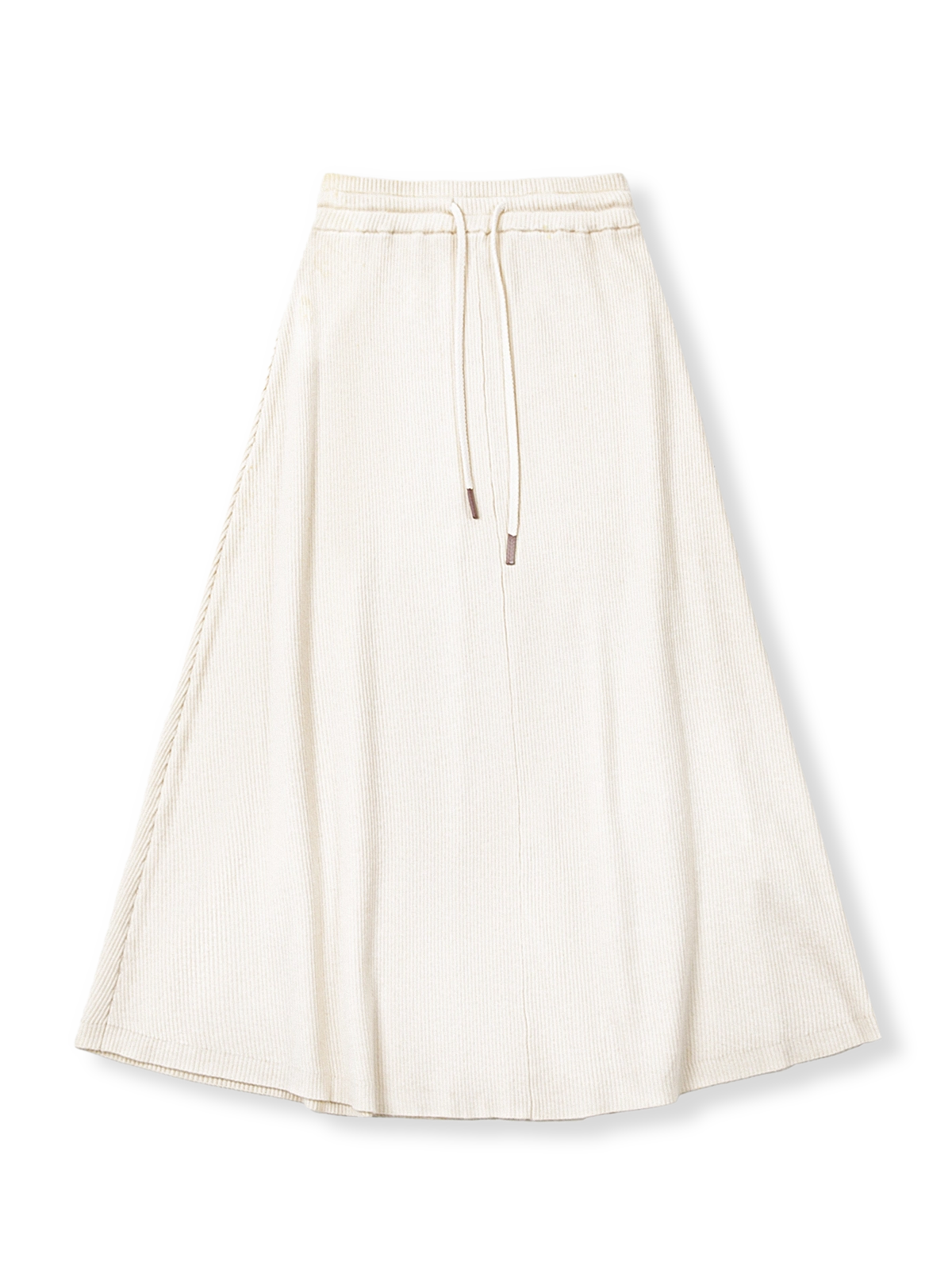 商品画像: レトロスタイルのベージュニットAラインスカート正面展示 詳細画像: ベージュニットAラインスカートの縦リブとウエストのドローストリング詳細 モデル画像: モデルがベージュニットAラインスカートを着用し、そのエレガントなスタイルを披露