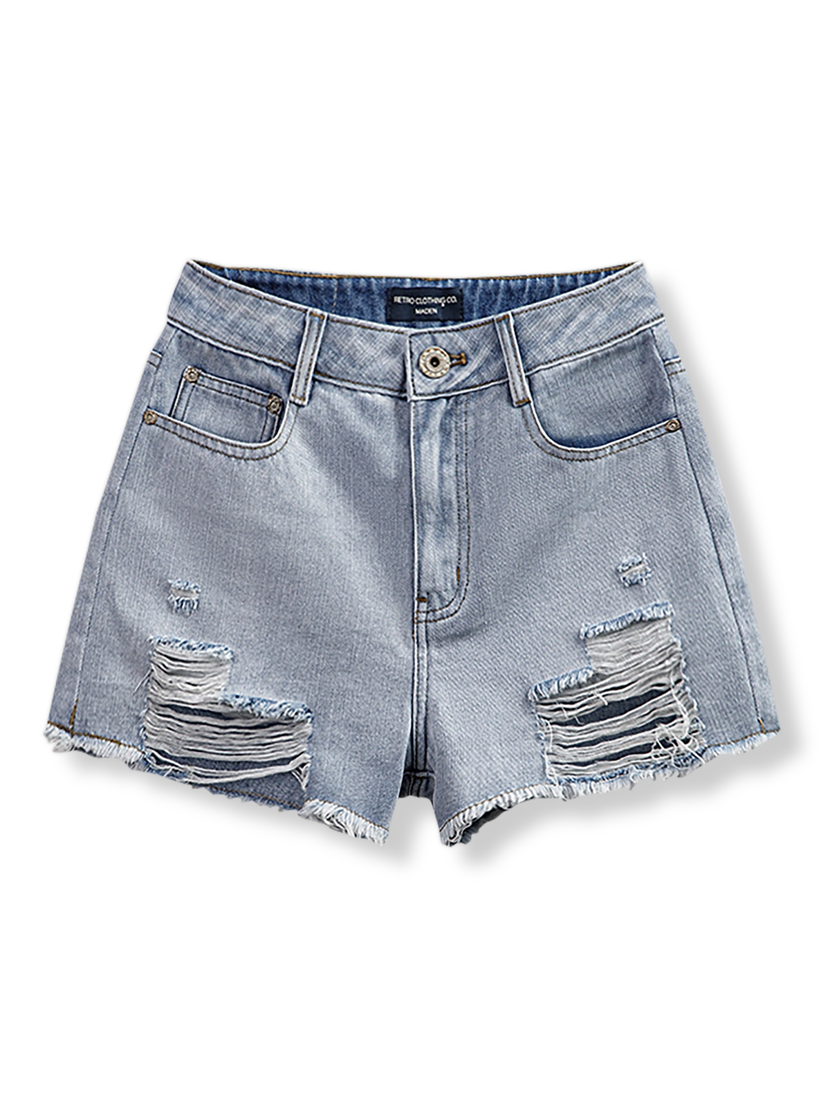 製品画像: ハイウエストダメージデニムショートパンツ全体図