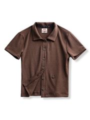 レトロなスタンドカラー ポロ ショートスリーブ ニットカーディガン正面展示