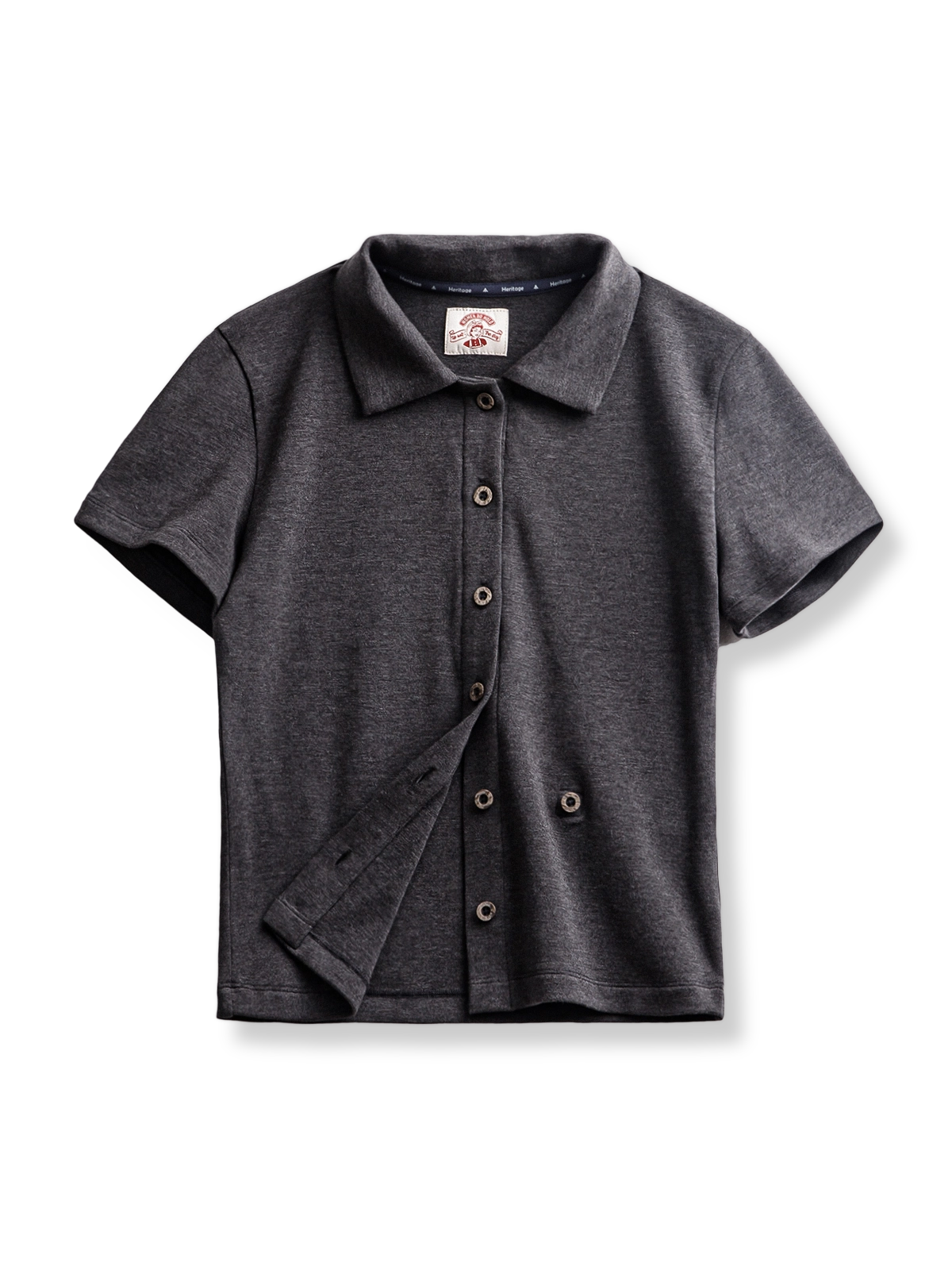 レトロなスタンドカラー ポロ ショートスリーブ ニットカーディガン正面展示