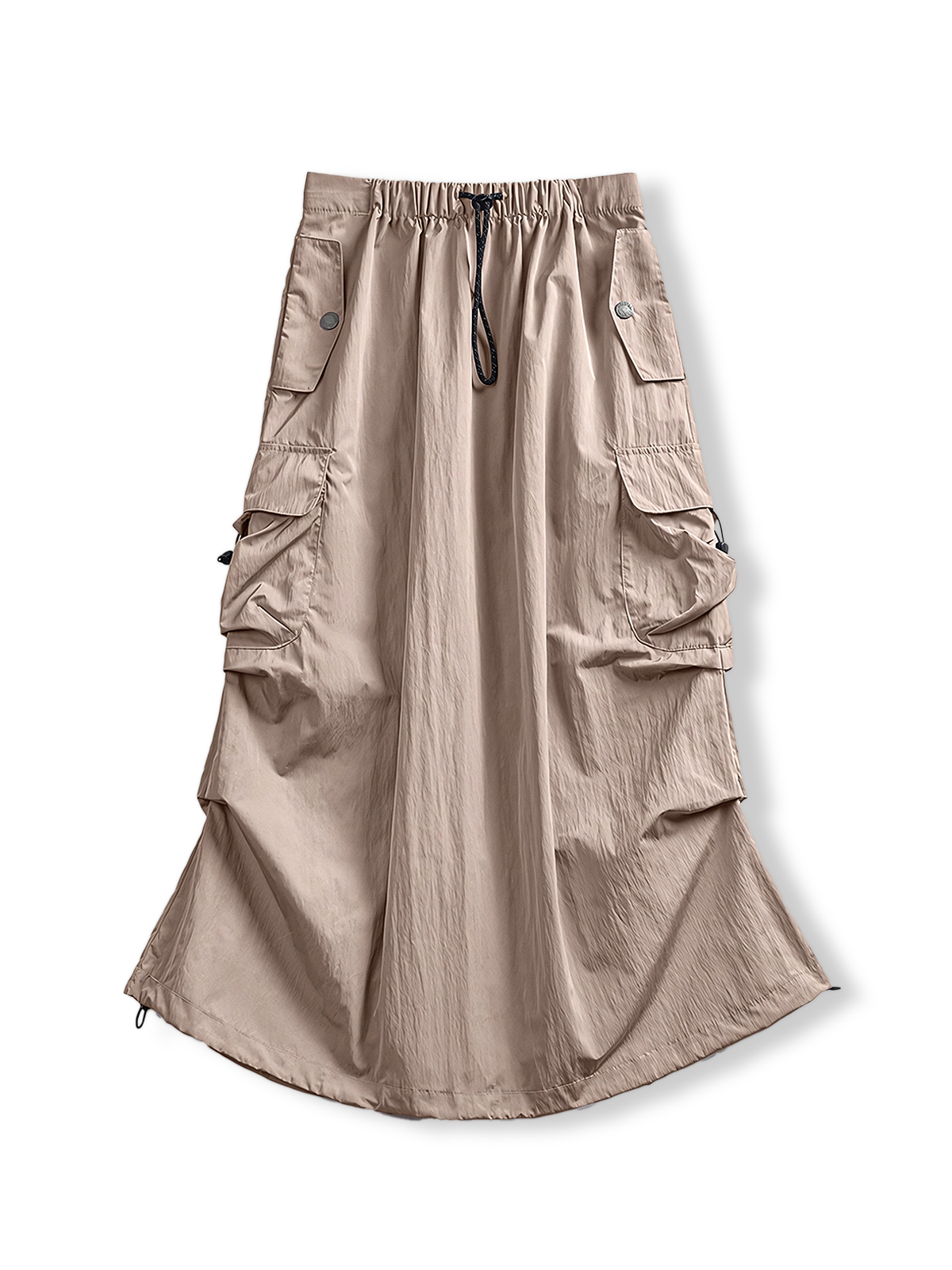 カーキ色のアウトドアスポーツパラシュートカーゴスカート正面展示。