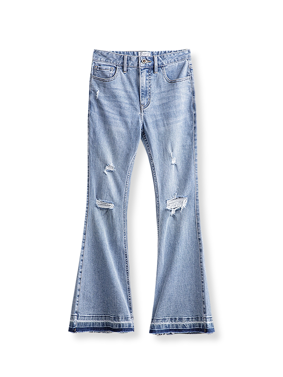 PESSOA CLUB レトロスタイルのディストレストライトブルーフレアデニムパンツ展示