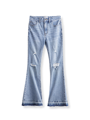 PESSOA CLUB レトロスタイルのディストレストライトブルーフレアデニムパンツ展示