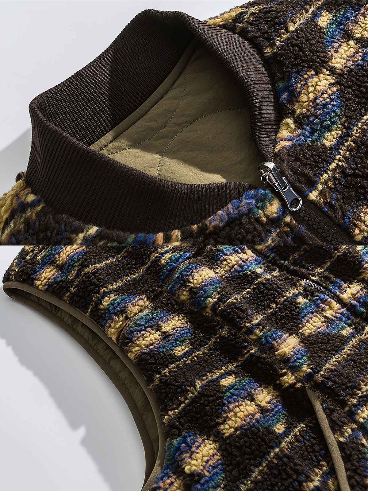 製品画像
リバーシブル仕様の民族柄ワーク中綿ベスト。ポリエステル素材を使用し、軽量で保温性に優れた厚手デザインが特徴。シンプルなワークスタイルと活気ある民族柄の両方を楽しめる全体図。
詳細画像
民族柄の繊細な模様とワークスタイルのディテール特写。リバーシブル仕様の裏面はシンプルなデザインで、シーンに応じたコーディネートが可能。ポリエステル生地の耐久性と厚手の中綿の保温性を示すクローズアップ画像。