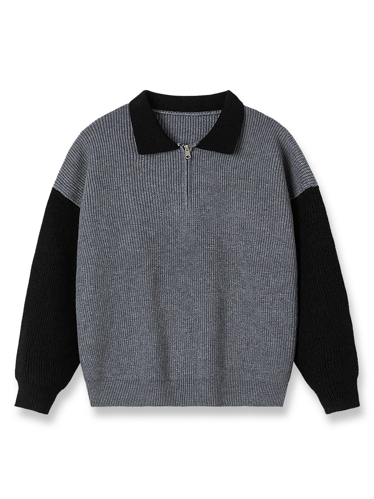 製品画像
「オープンカラー バイカラー ニットセーター全体像。開襟デザインとルーズフィットシルエットが特徴のバイカラーセーター」
詳細画像
「オープンカラー バイカラー ニットセーターのディテール。袖のバイカラーデザインとジッパー付き襟のクローズアップ」