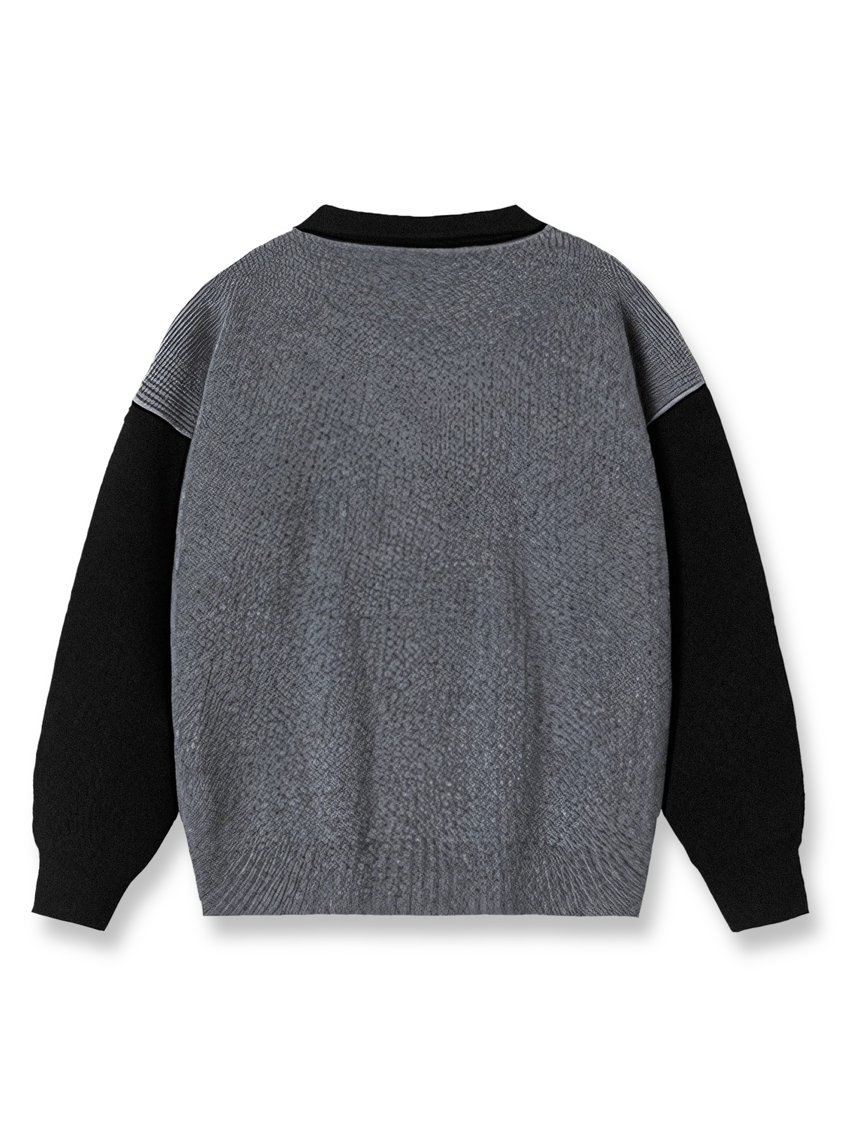 製品画像
「オープンカラー バイカラー ニットセーター全体像。開襟デザインとルーズフィットシルエットが特徴のバイカラーセーター」
詳細画像
「オープンカラー バイカラー ニットセーターのディテール。袖のバイカラーデザインとジッパー付き襟のクローズアップ」