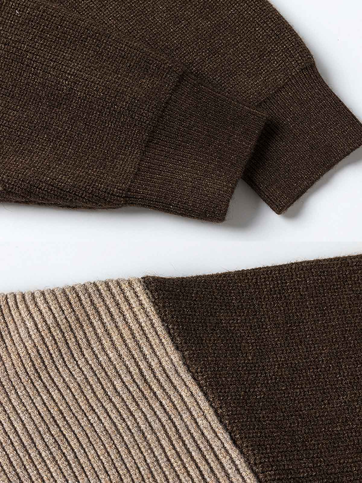 製品画像
「オープンカラー バイカラー ニットセーター全体像。開襟デザインとルーズフィットシルエットが特徴のバイカラーセーター」
詳細画像
「オープンカラー バイカラー ニットセーターのディテール。袖のバイカラーデザインとジッパー付き襟のクローズアップ」