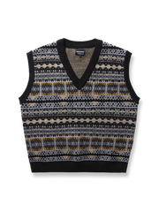 製品画像:
ナバホ風幾何学模様を取り入れたVネックニットベスト。ジャガード技法による立体感とヴィンテージ感が特徴。100%コットンの柔らかなニット素材で、通年着用可能。
詳細画像:
ナバホ風の幾何学模様がデザインのポイント。Vネックデザインで、シャツやタートルネックとのレイヤードスタイルが楽しめます。肌触りの良い100%コットン素材。