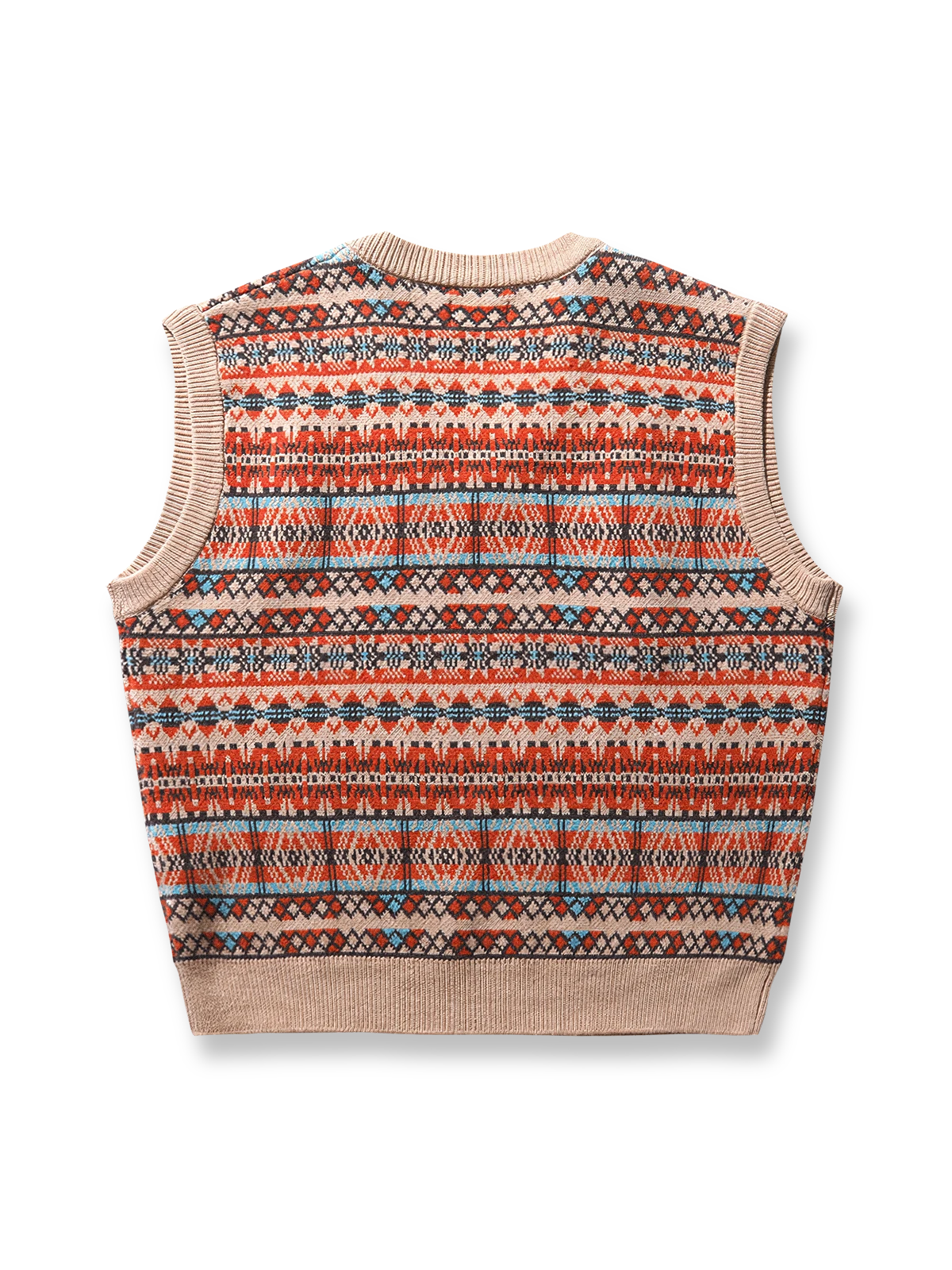 製品画像:
ナバホ風幾何学模様を取り入れたVネックニットベスト。ジャガード技法による立体感とヴィンテージ感が特徴。100%コットンの柔らかなニット素材で、通年着用可能。
詳細画像:
ナバホ風の幾何学模様がデザインのポイント。Vネックデザインで、シャツやタートルネックとのレイヤードスタイルが楽しめます。肌触りの良い100%コットン素材。