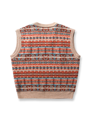 製品画像:
ナバホ風幾何学模様を取り入れたVネックニットベスト。ジャガード技法による立体感とヴィンテージ感が特徴。100%コットンの柔らかなニット素材で、通年着用可能。
詳細画像:
ナバホ風の幾何学模様がデザインのポイント。Vネックデザインで、シャツやタートルネックとのレイヤードスタイルが楽しめます。肌触りの良い100%コットン素材。