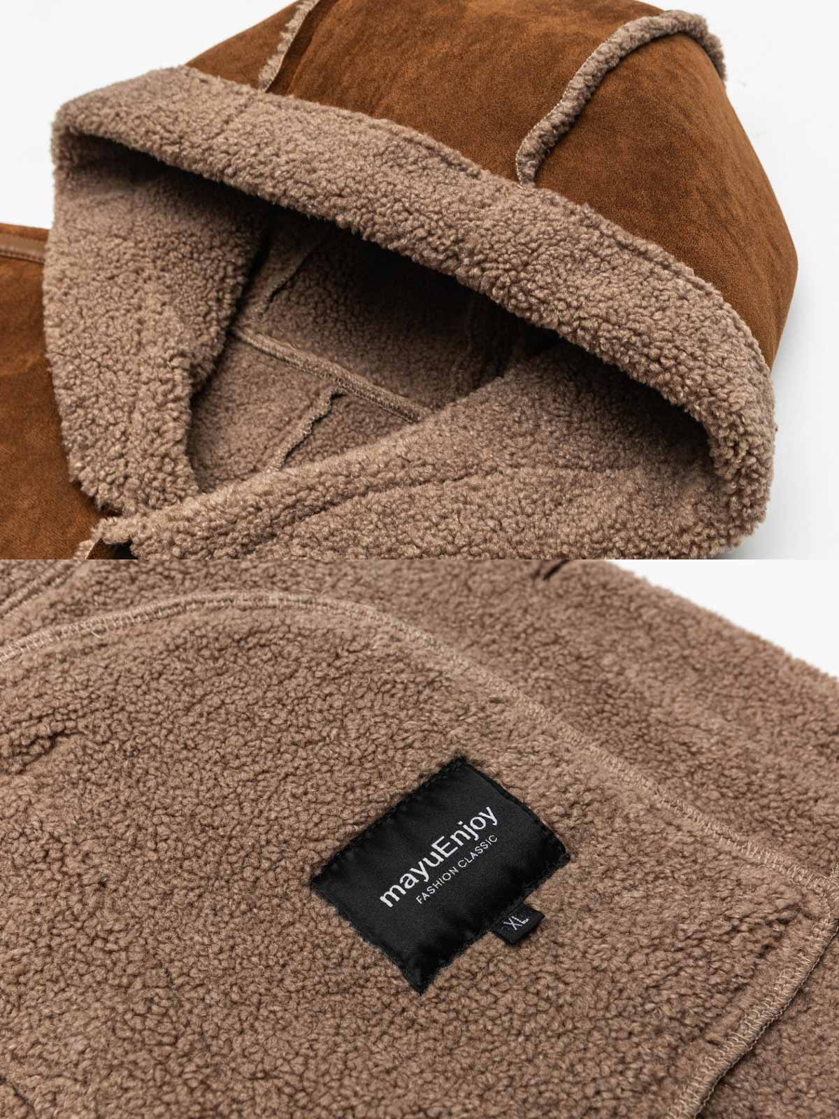 製品画像
「パッチワーク フード付き ボアライニング 保温ジャケット全体像。柔らかなフェイクシープスキン素材とヴィンテージ感を演出するデザインが特徴」
詳細画像
「パッチワーク フード付き ボアライニング 保温ジャケットのディテール。滑らかなボアライニングと丁寧なパッチワークステッチのクローズアップ」