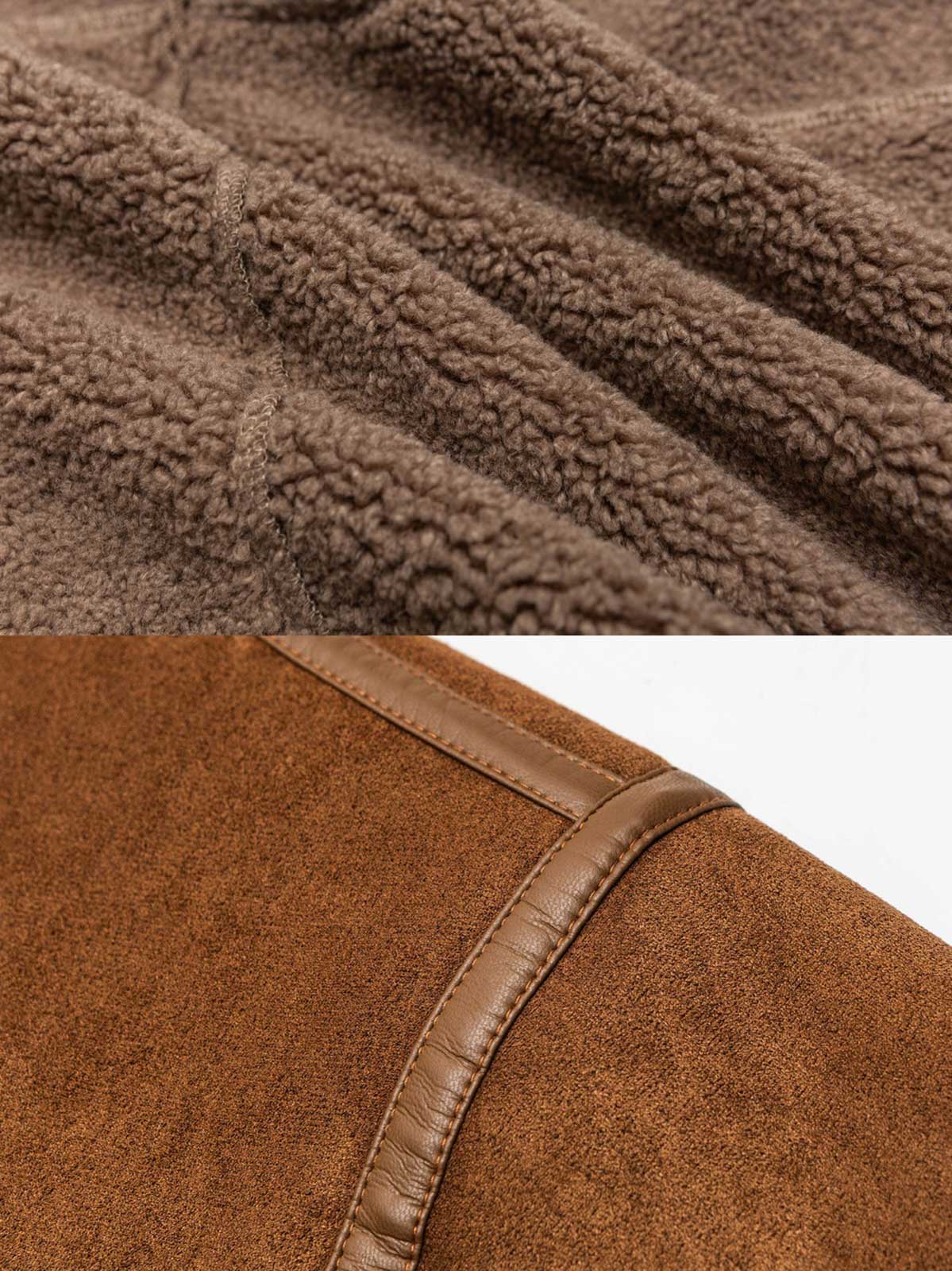 製品画像
「パッチワーク フード付き ボアライニング 保温ジャケット全体像。柔らかなフェイクシープスキン素材とヴィンテージ感を演出するデザインが特徴」
詳細画像
「パッチワーク フード付き ボアライニング 保温ジャケットのディテール。滑らかなボアライニングと丁寧なパッチワークステッチのクローズアップ」