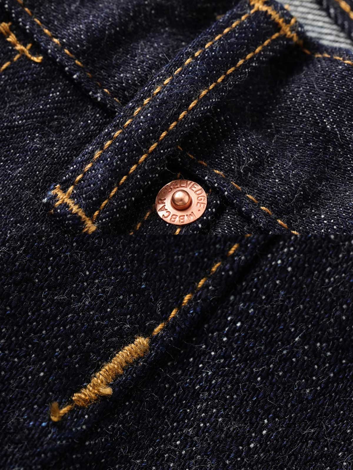 金具のカスタマイズと立体的な浮き彫り加工が施されたジーンズの裾の詳細。イタリア製植物タンニンレザーパッチが特徴。