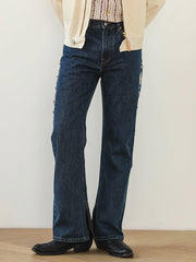 レトロ リベット付き ダイヤモンド装飾 セルビッチ フレアデニムパンツ