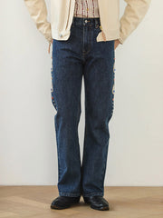 レトロ リベット付き ダイヤモンド装飾 セルビッチ フレアデニムパンツ