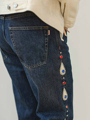 レトロ リベット付き ダイヤモンド装飾 セルビッチ フレアデニムパンツ