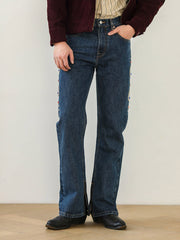 レトロ リベット付き ダイヤモンド装飾 セルビッチ フレアデニムパンツ