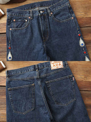 レトロ リベット付き ダイヤモンド装飾 セルビッチ フレアデニムパンツ