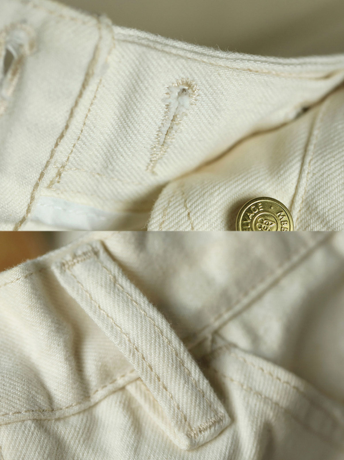 詳細画像:ジーンズの破れ刺繍と五金パーツのディテール図