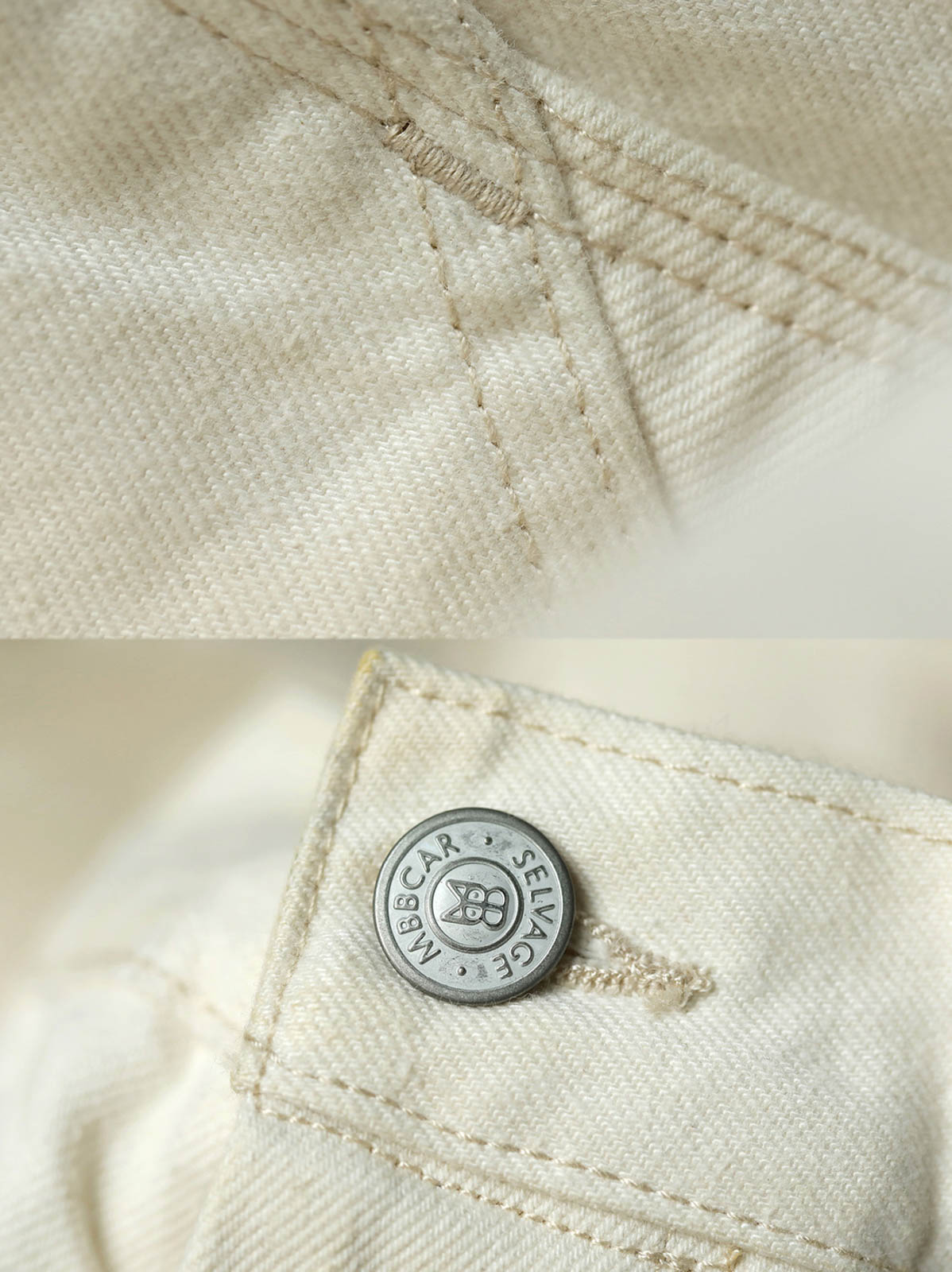 詳細画像:ジーンズの破れ刺繍と五金パーツのディテール図